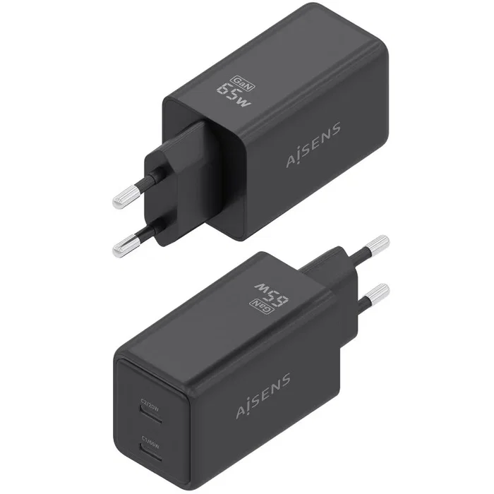 Aisens Cargador GaN 65W con 2x USB-C Negro